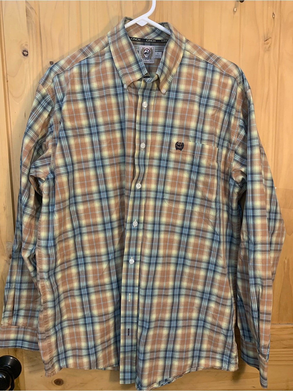 Cinch Men’s M Plaid Button Down Shirt Brown Blue Western Long Sleeve Logo
